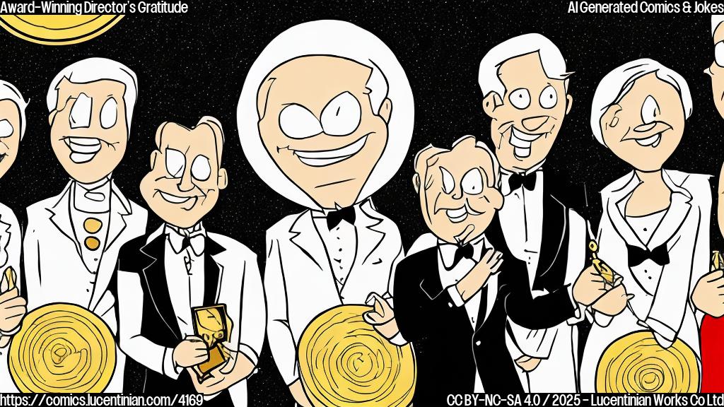 A simple cartoon drawing of a director in a tuxedo standing on stage at an awards ceremony with a large golden medallion around his neck. He's smiling and pointing to three small figures representing actresses who are slightly obscured in the background. The cartoon style is simple, plain colored, and only uses black outlines with no shading, using primarily gold, black, and red tones.  The director looks very happy.