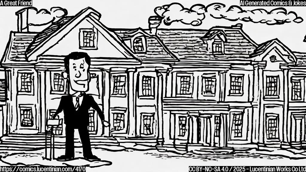 A cartoon drawing in plain colors of a man in a suit carrying a ladder standing in front of a white house with a simple cartoon figure on the roof. Style: simple cartoon, plain colors