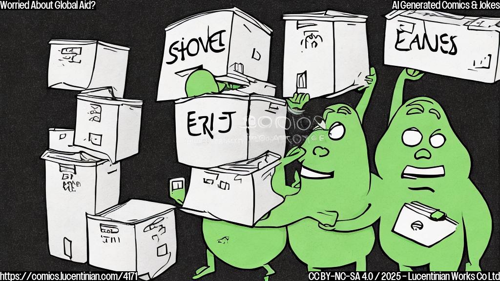 A cartoon drawing of two sad, simple looking green figures with large eyes, wearing simple white shirts, and a pile of empty donation boxes in the background. The figures should be in plain color style without gradients or background image.