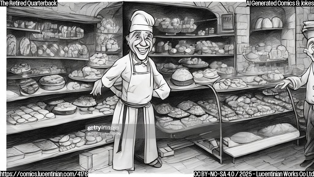 A cartoon drawing of an elderly man with a kind smile and gray hair wearing a baker's hat and apron. He is standing behind a counter in a bakery, next to a rack of various kinds of bread and pastries. The drawing style should be simple and plain, with only a few colors used. The background should be plain white.