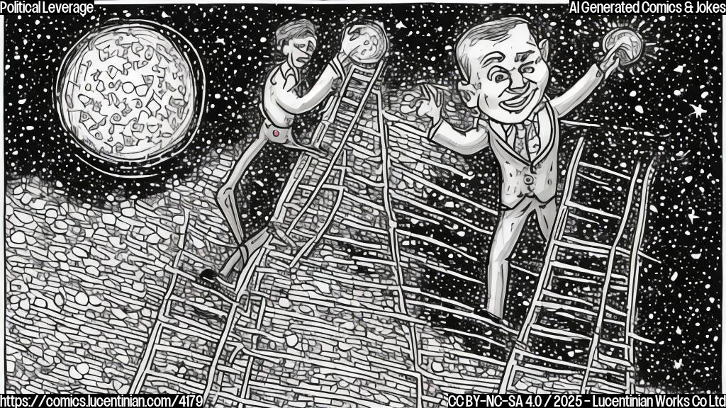 A simple cartoon drawing of a politician in a suit and tie, climbing a ladder toward a large, glowing star labeled "Deal," with smaller stars representing votes scattered around. Use only three colors: blue, red, and yellow. The style should be minimalistic and flat.