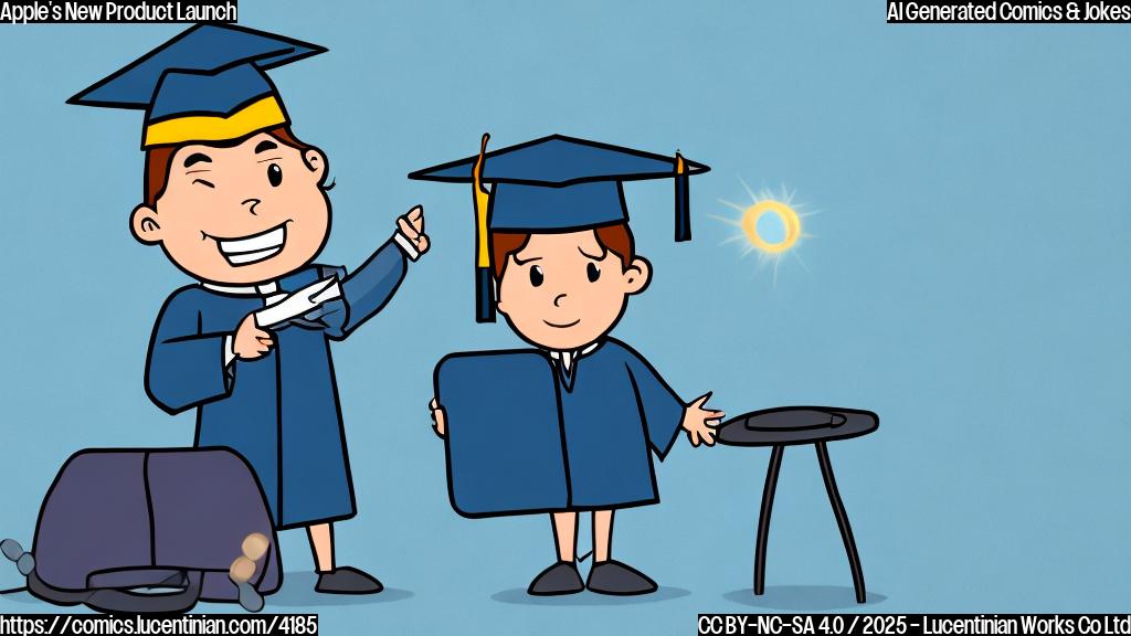 A simple cartoon drawing of a small smartphone with a large grin, wearing a tiny graduation cap, standing on a stage with a spotlight shining on it, background is a plain light blue color.