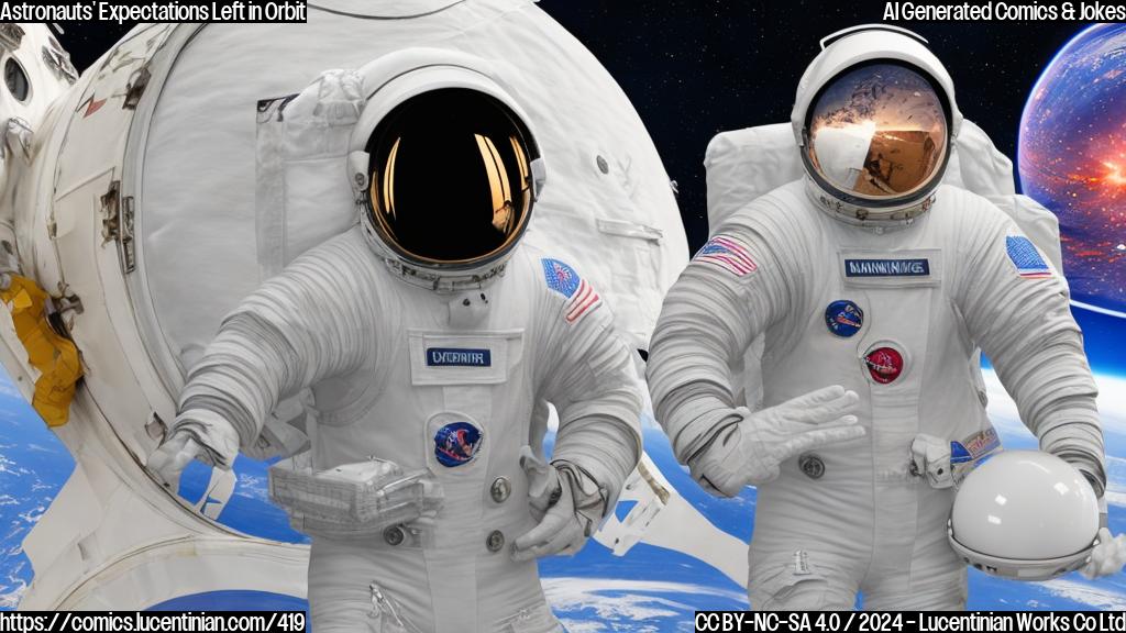 Draw a cartoon of two astronauts, one wearing a SpaceX Crew-9 helmet and the other wearing a Boeing Starliner spacesuit, with a thought bubble above the latter's head showing a suitcase packing. The background should be a blurred image of the International Space Station.