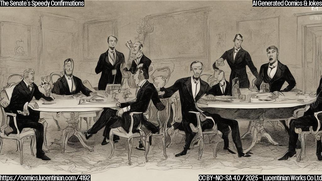 A cartoon drawing in plain colors of a group of serious-looking figures in suits sitting around a large table, one figure in a more prominent seat at the head of the table,  a small television set showing a soap opera scene in the corner of the room. The style should be simple and slightly humorous, with exaggerated expressions.