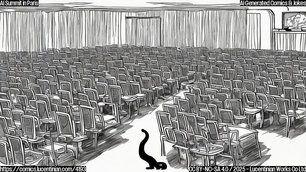 A cartoon drawing in plain colors showing a conference room with many empty chairs.  One chair has a tiny cat wearing an accordion on its back, surrounded by several larger empty chairs. Style: simple cartoon, plain colors.