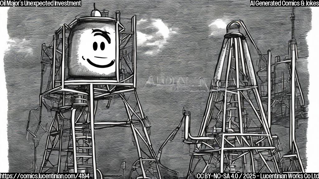 A cartoon drawing of a simple oil derrick with a smiling face, next to it is a large money bag with a equally simple smiling face. The style should be plain color with no background.