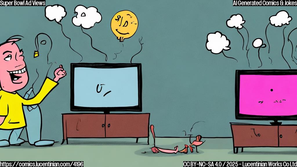 A simple cartoon drawing of a television screen showing a funny commercial with bright colors, and a person laughing heartily while watching the tv.