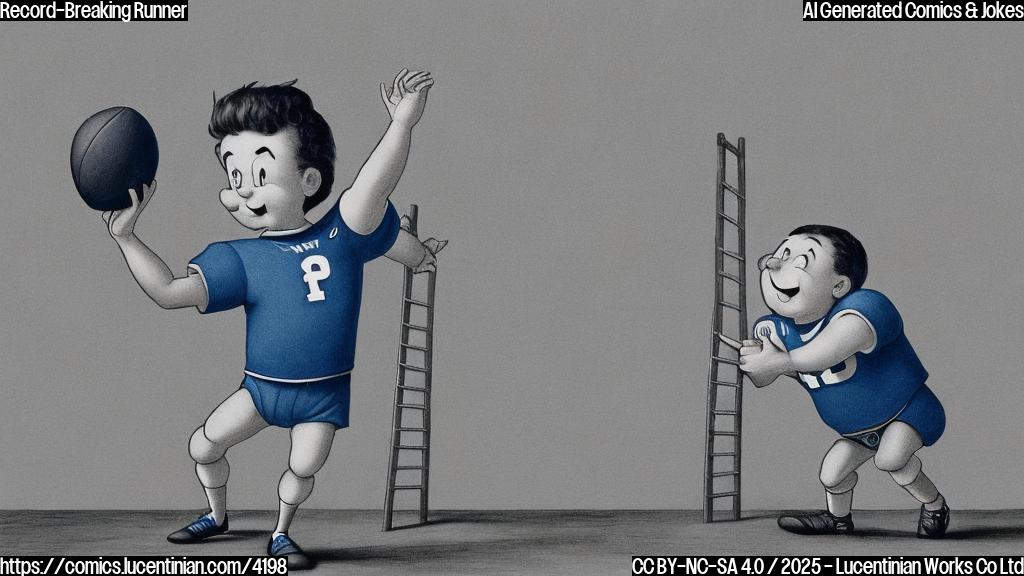 A cartoon drawing of a happy football player in a simple blue uniform holding a football and smiling in a plain blue background. A ladder is leaning against a very high wall that represents the rushing record. The style is plain color cartoon with a simple and child-like aesthetic.