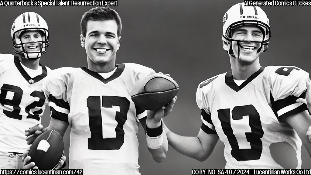 Draw a cartoon of a quarterback with a big smile on his face, wearing a football jersey and holding a football. He should be standing in front of a whiteboard with the words "509 yards" and "4 touchdowns" written on it. In the background, there should be a faint image of a football field with a clock ticking down to zero, symbolizing the comeback victory. The style should be simple and colorful, like a plain color cartoon.