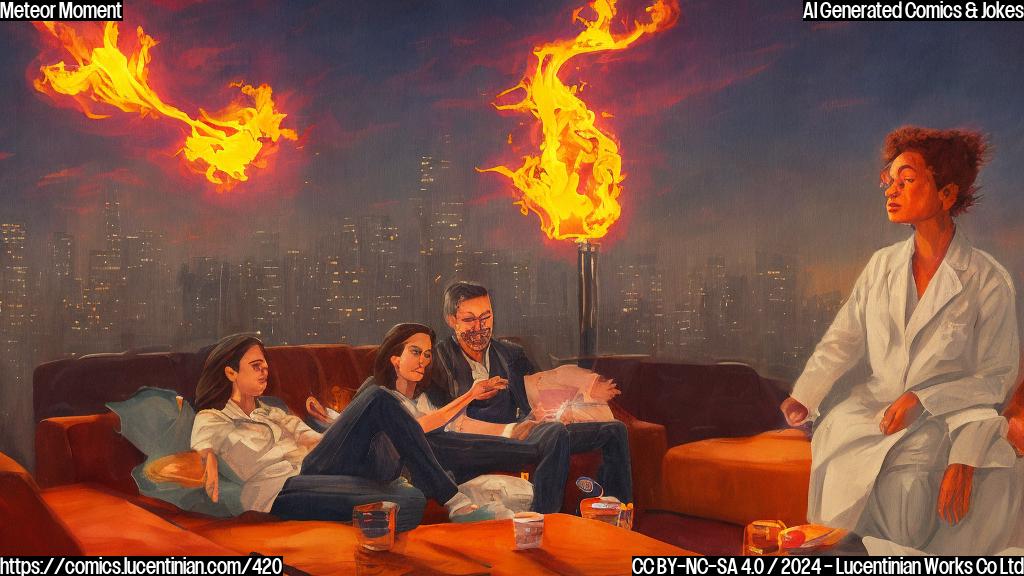 a bright fireball with a face and a therapist in a white coat on a couch, surrounded by flames and a cityscape at sunset