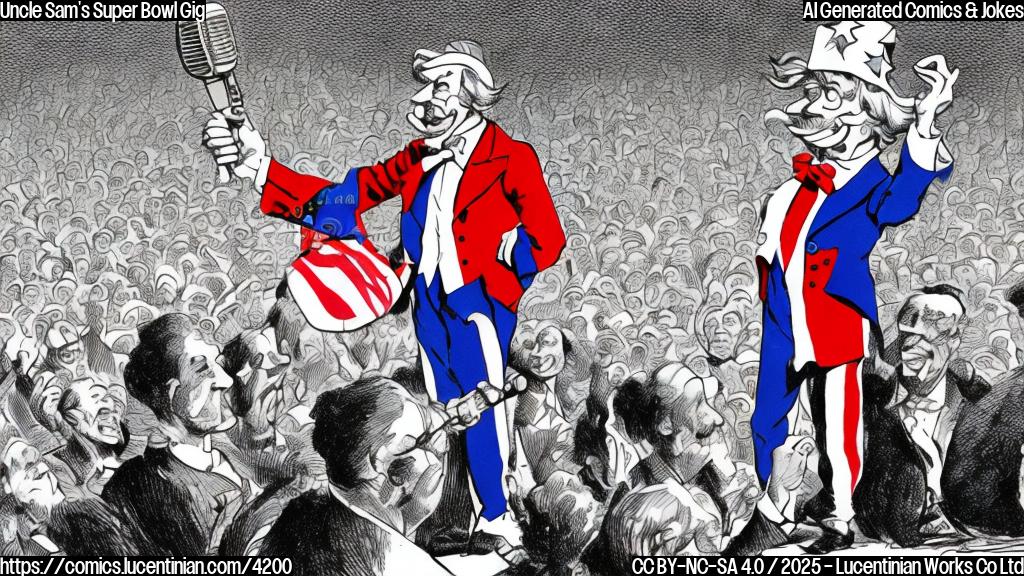 A cartoon drawing of Uncle Sam in a bright red, white and blue suit, holding a microphone, standing on a stage in front of a cheering crowd.  Simple, bold lines. Plain colors. No shading or texture.  Cartoon style.