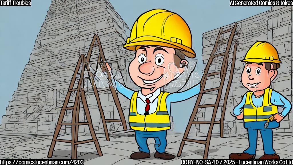 A cartoon drawing in plain color style of a worker with a hard hat and a ladder standing in front of a large building with a sign that says "Trade Negotiations". The style should be simple and clear.