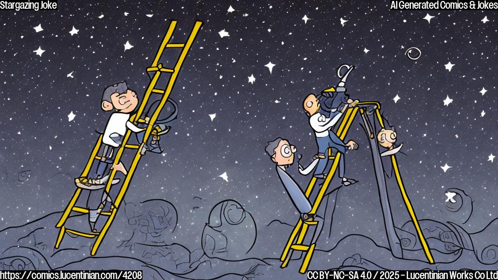 A simple cartoon drawing of a person with a telescope and a ladder looking upward at the night sky filled with many shining stars in a plain color cartoon style. The image should be in a simple, plain color style.