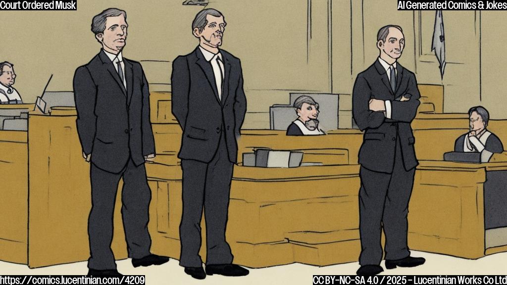 A simple plain color cartoon of a nervous-looking man in a suit standing before a stern-faced judge in a simple courtroom.