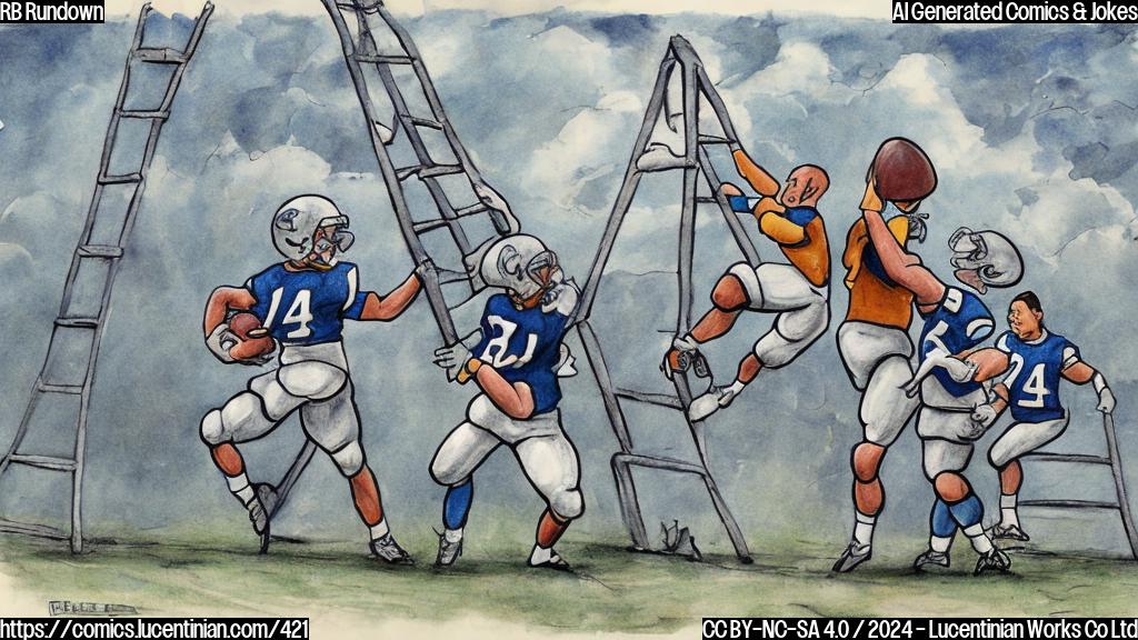 Draw a plain color cartoon style picture of a ladder with a football player standing next to it, wearing a football jersey and holding a clipboard. The ladder should be leaning against a goalpost with a football field in the background.