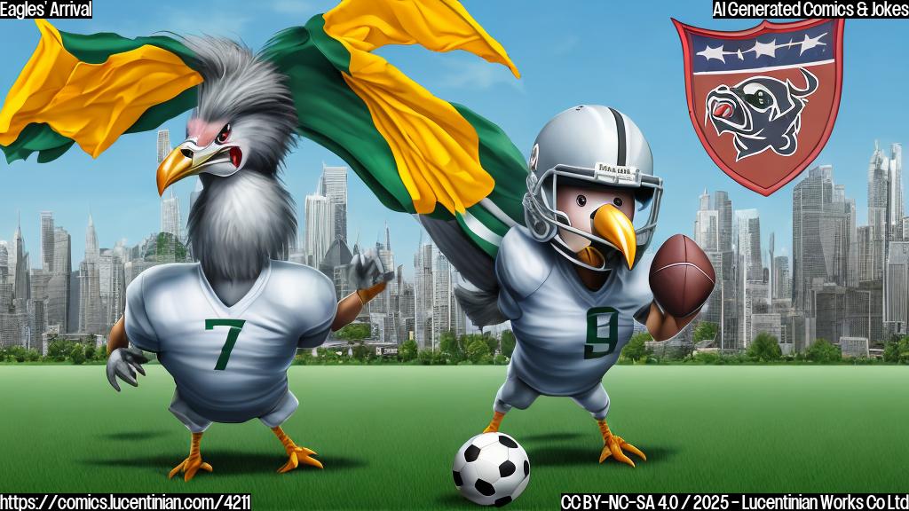 A cartoon of a large bird wearing a football helmet and jersey, with a banner that says "Home", landing on a field with buildings in the background, in a plain color style, all colors are different shades of green