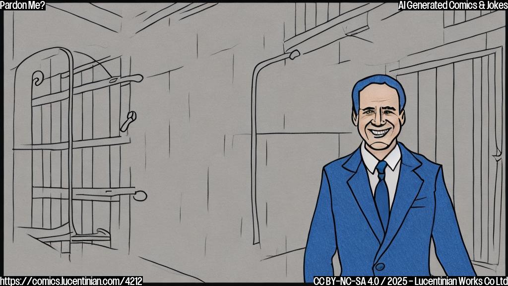 A simple cartoon drawing in plain colors of a politician in a suit and tie, standing behind prison bars, smiling broadly.  The bars are subtly drawn to look like a picture frame. Background is a plain light blue.