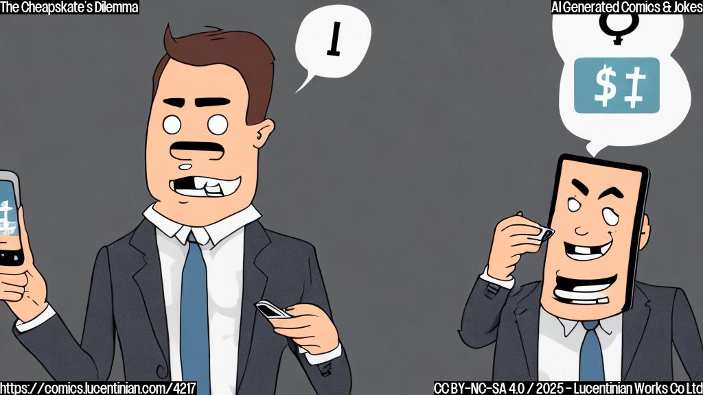 A cartoon of a person in a plain grey suit looking frustrated at a smartphone while another smartphone with a smaller screen and a dollar sign above it is smiling smugly in the background.