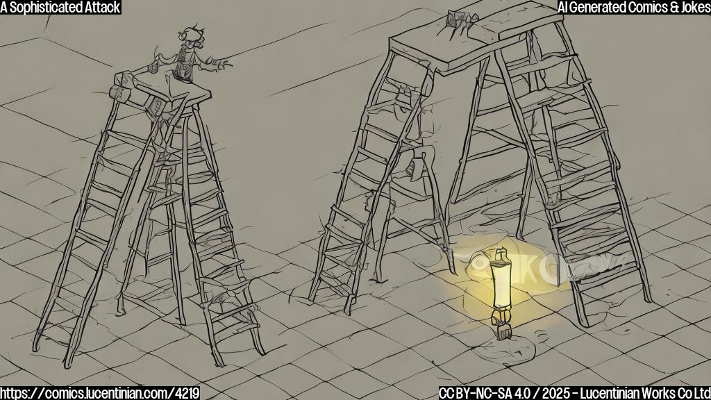 A cartoon drawing of a ladder leaning against a large, simplified smartphone. The style should be plain color, with only a few colors, and the lines should be simple and clean. The smartphone should be a light gray color, and the ladder should be a dark brown color. A small, dark figure of a hacker is climbing the ladder. The background should be a light blue.