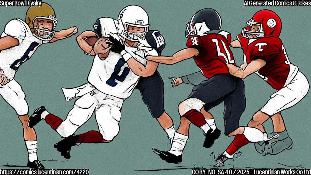 A simple cartoon drawing of two football players in plain colors, one is trying to hide a football behind his back, while the other, wearing a coach uniform, is trying to grab the ball. The background is a plain color.