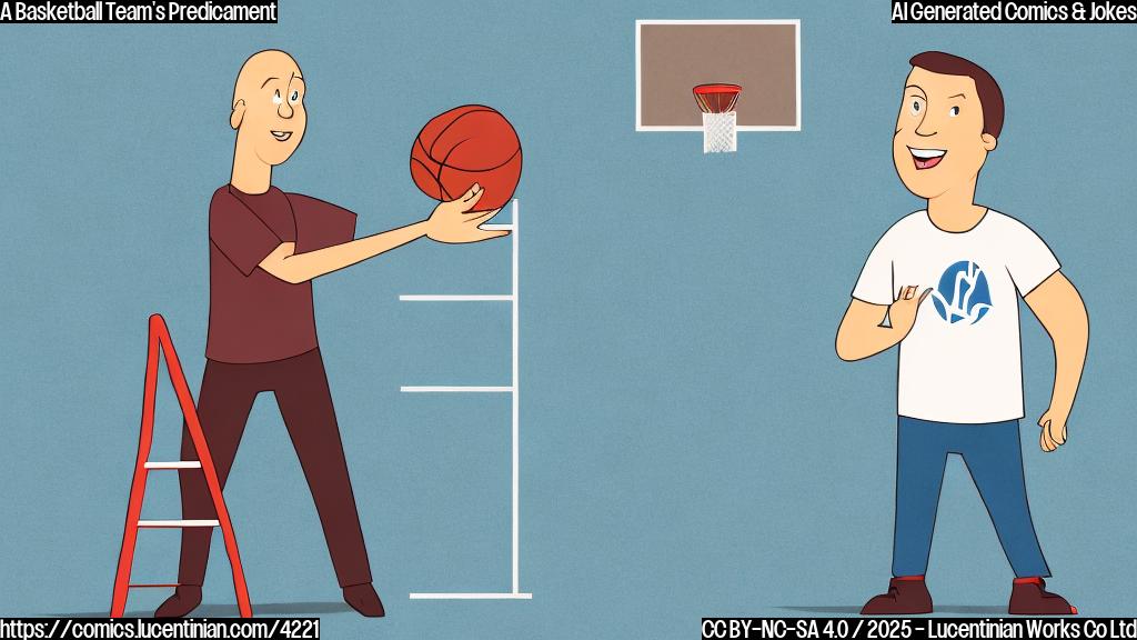 A cartoon of a basketball coach in a simple, flat style, holding a ladder next to a basketball court. The coach is smiling broadly, and the background is a plain light blue.  The overall style is reminiscent of simple children’s book illustrations.