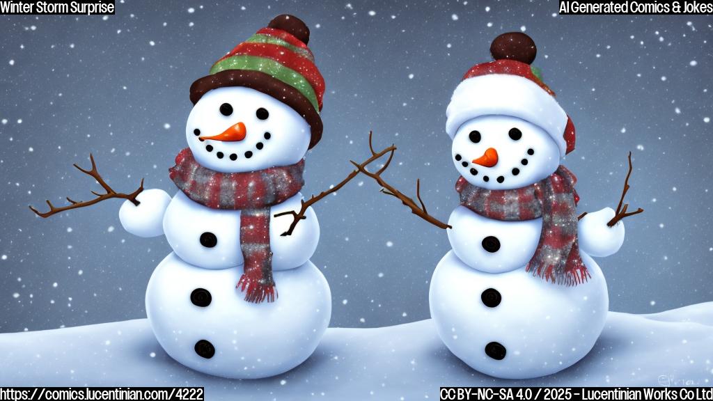 A simple cartoon drawing of a snowman wearing a scarf and hat, looking sad and shivering with a single tear rolling down its cheek.  The background should be a plain light blue color and there should be snowflakes falling.