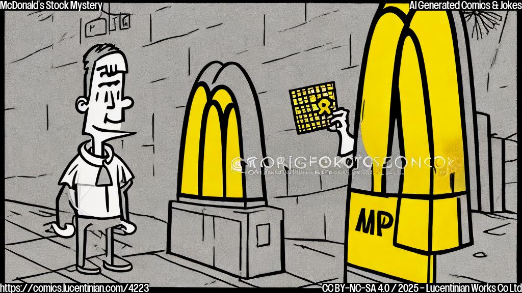 A simple cartoon drawing in plain colors of a confused-looking person standing in front of a large McDonald's golden arches, and a pile of money next to them. The person is wearing a simple outfit.