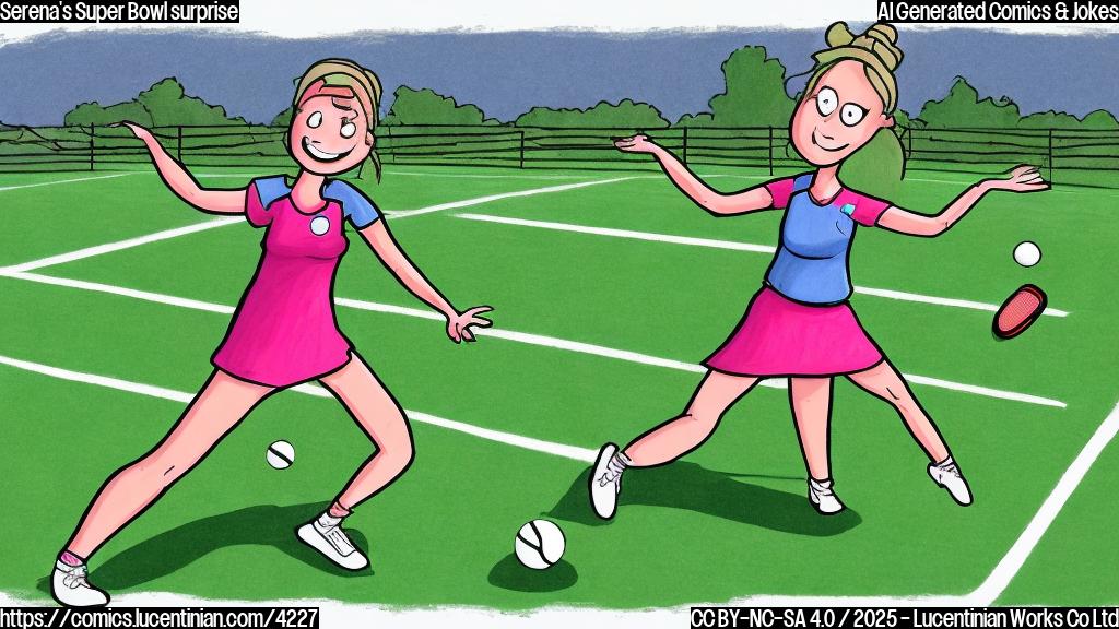 A simple cartoon drawing of a person in a tennis outfit doing a dance move with a football field in the background. The drawing should only use solid colors.