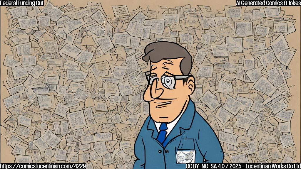 A cartoon drawing in plain colors of a scientist looking sad and surrounded by crumpled papers. The papers have text that is illegible but looks like grant applications. The background is a simple beige color.