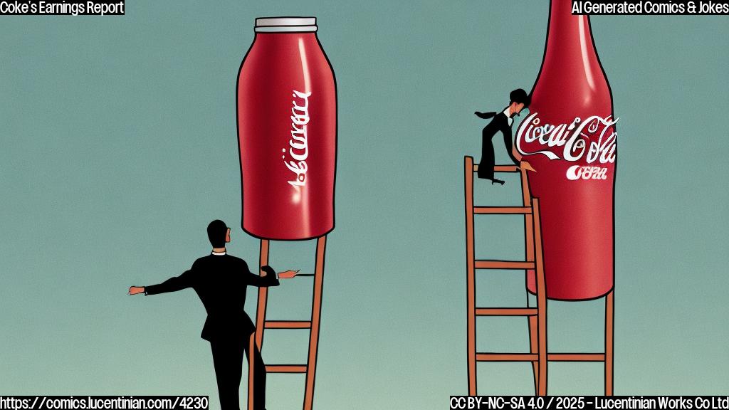 A simple cartoon drawing in plain colors, depicting a person in a business suit climbing a ladder towards a giant, stylized Coca-Cola bottle representing high expectations.  The background is a plain light beige color.