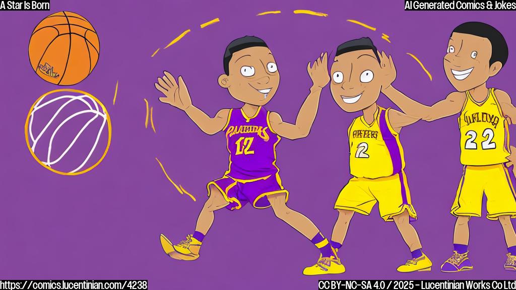 A simple cartoon drawing in plain colors, showing two basketball players. One taller, older-looking player with short hair, wearing a purple and gold jersey with a large "23" on the chest, high fiving a younger, taller player with longer hair, wearing a purple and gold jersey with a large "77" on the chest. The background should be a simple basketball court, also in plain colors.