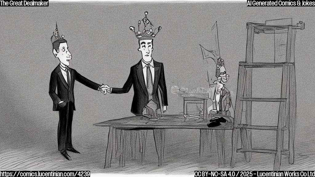 A cartoon drawing in plain colors of a person wearing a suit and tie, holding a ladder, standing in front of a table with a person wearing a crown sitting on the other side. The background should be a simple light color.