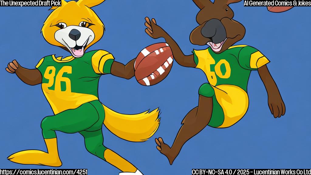 A cartoon kangaroo wearing a football jersey and helmet, kicking a football, in a simple, flat color style. The background should be a plain light green.