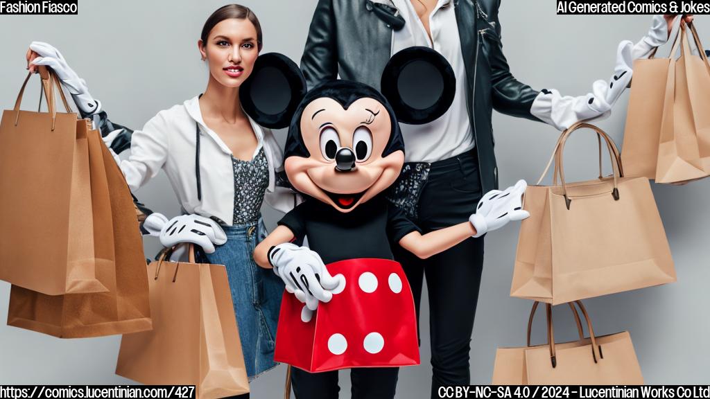 a fashion company with a mickey mouse logo and a person wearing a designer handbag standing in front of a wall with a "for sale" sign on it, surrounded by shopping bags