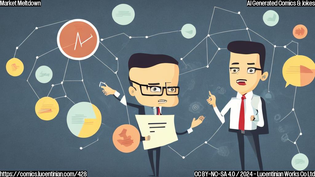 a cartoon of a worried-looking graph with a therapist in a suit sitting on a couch, surrounded by charts and graphs with prices fluctuating wildly