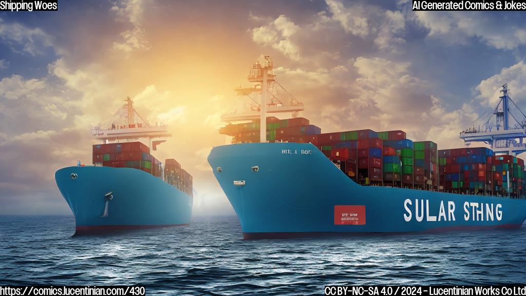 A cartoon-style image of a sad-looking container ship with a giant dollar sign floating above it, symbolizing the $100m settlement. The ship's hull should be cracked and splintered, with a few loose containers scattered around.