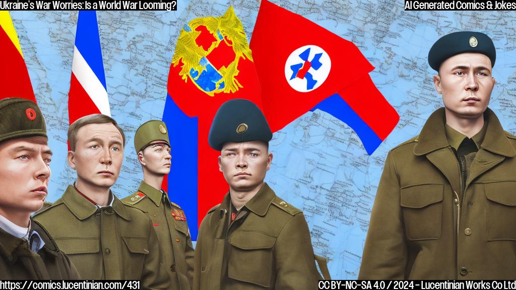 A cartoon of two flags, one red (Russia) and another blue-red-white (North Korea), with a map of Ukraine in the background. A person wearing a Ukrainian military uniform is standing between the two flags, looking worried. In the foreground, a pair of boots, one red and one blue-red-white, are facing each other with an "X" marked through them. The colors and symbols should evoke a sense of international conflict and geopolitical tensions.