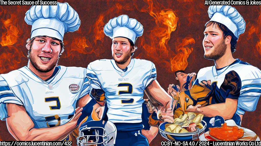 A cartoon style image of a football player (Matthew Stafford) with a chef's hat and a bottle of mysterious sauce, surrounded by cheering football players and coaches. The background should have a blurred stadium scene.