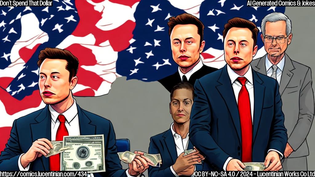 A cartoon image of Elon Musk holding a giant dollar bill and standing in front of an American flag, with a worried-looking official from the Department of Justice in the background, looking at him with a red X marked through the dollar bill.