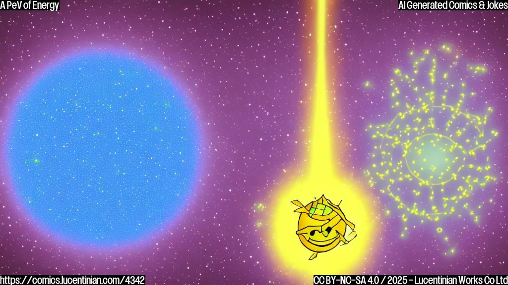 A simple cartoon drawing of a single, happy neutrino particle radiating energy, drawn in plain colors. The neutrino is smiling and its body is giving off bright energy sparks.