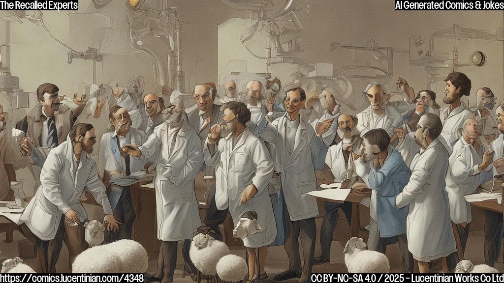 A cartoon drawing of a plain-color style of a group of scientists in lab coats looking sheepish while a stern-looking boss is shaking his head and pointing a finger at them, behind them several nuclear symbols, all in muted, single colors like browns and grays.