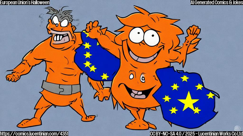 A simple cartoon of a scared cartoon EU flag wearing a simple costume, next to a large, angry-looking, bright orange-haired cartoon figure.