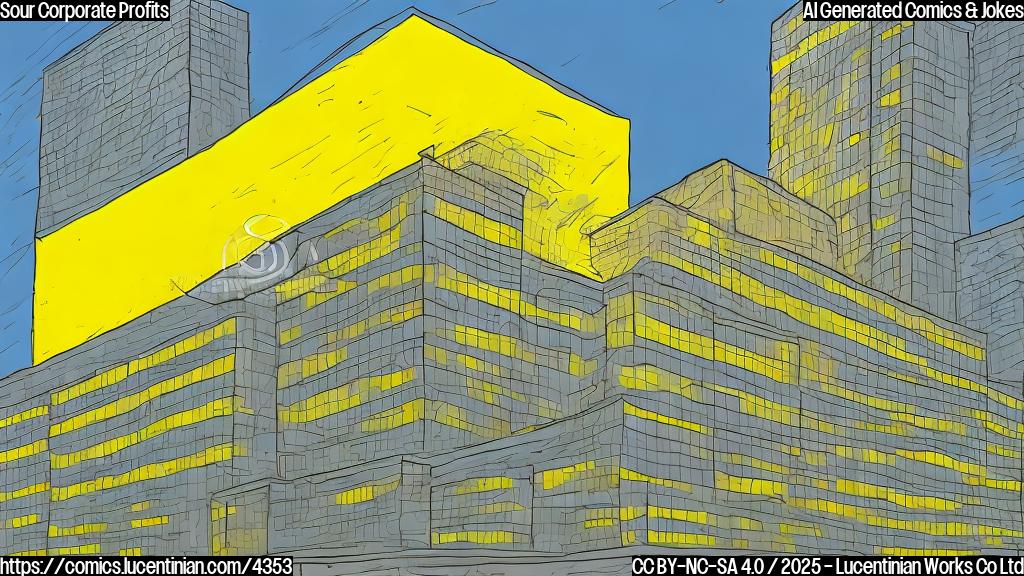 A simple cartoon of a sad-looking lemon with a corporate building behind it, both in a plain yellow color.