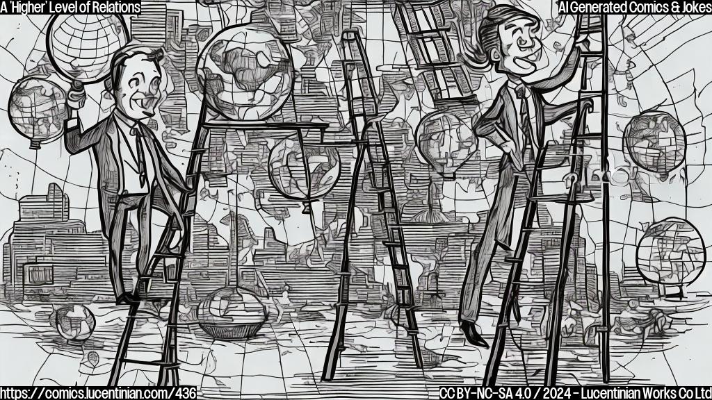 Draw a cartoon-style image of a person in a suit standing on top of a ladder, with a globe or a map behind them. The ladder should be leaning against a large building or a wall, symbolizing "taking relations to a higher level".