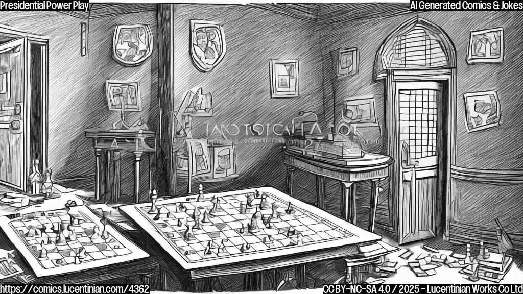 A simple cartoon drawing, plain colors, of a lawyer in a suit looking frustrated while a chessboard with the pieces set up lies abandoned nearby. In the background a door that opens to a dark room.