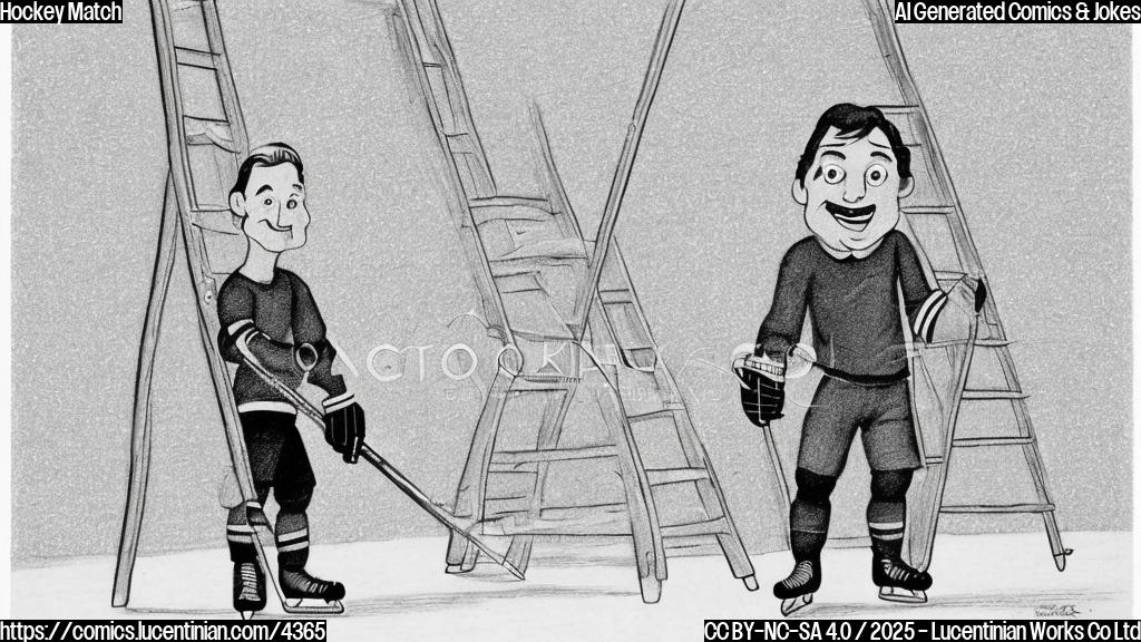 A simple cartoon drawing in a single color, depicting a hockey player with a ladder, standing on the ice rink, looking upward with a humorous expression.