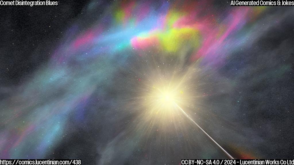 A colorful, plain-style cartoon illustration of a small, wispy comet with a worried expression, floating in space amidst a faint, swirling background representing a galaxy. The comet has several jagged, glittering fragments breaking off from it, while its once-bright tail now trails behind it like a wispy cloud.