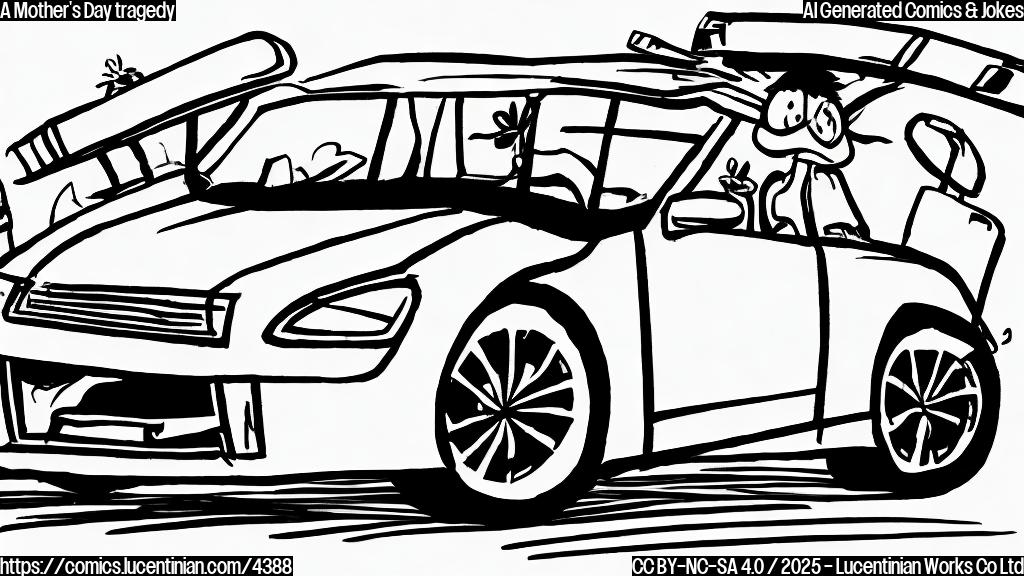 A simple cartoon drawing of a car, with a confused expression, standing before a group of stick figures.  The car and stick figures are plain black. The background is white.