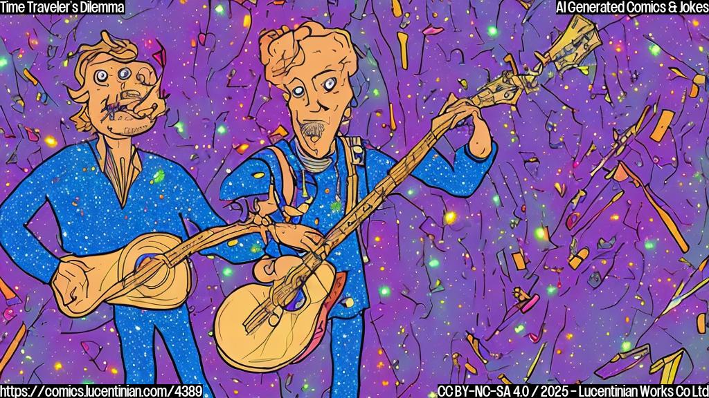 A simple cartoon drawing, plain colors, of a time-traveling musician in a sparkly outfit, holding a broken guitar, looking distressed while behind them is a distorted background representing a broken time-space continuum.