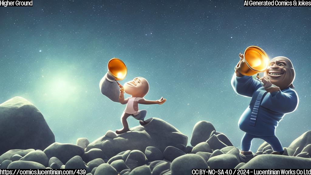 A large, smiling rock figure with a megaphone and a speech bubble, surrounded by glittering stars and a subtle gradient of blue hues. The rock figure should have its mouth open in a gesture of excitement and enthusiasm, conveying the idea of "taking it to a higher level".